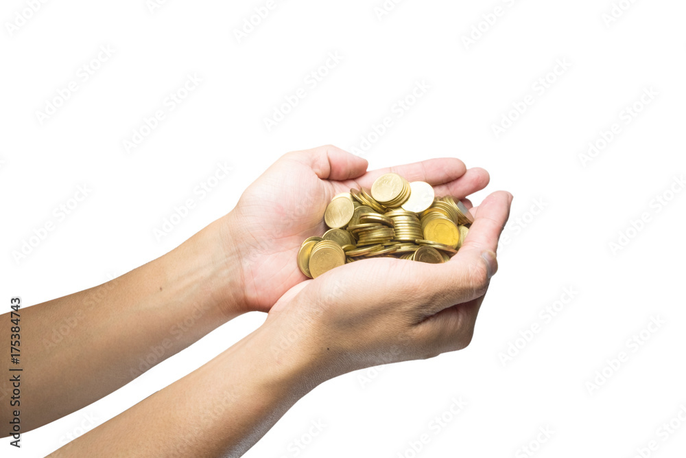 Male hand holding golden coins. Saving, money, finance donation, giving and bussiness concept. Isolated on white background with clipping path. Male hand holding golden coins. Saving, money, finance donation, giving and bussiness concept. Isolated on white background with clipping path.