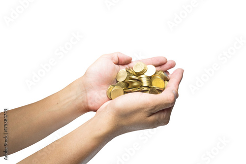 Male hand holding golden coins. Saving, money, finance donation, giving and bussiness concept. Isolated on white background with clipping path.