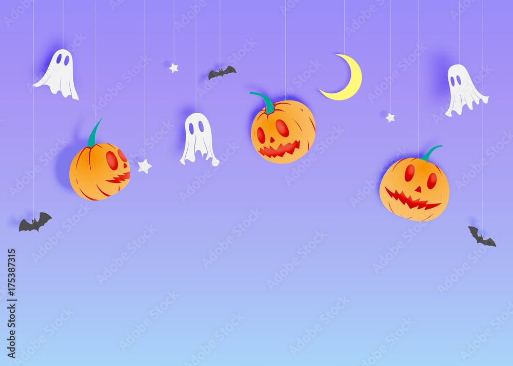 Happy Halloween ghost, bat and pumpkin