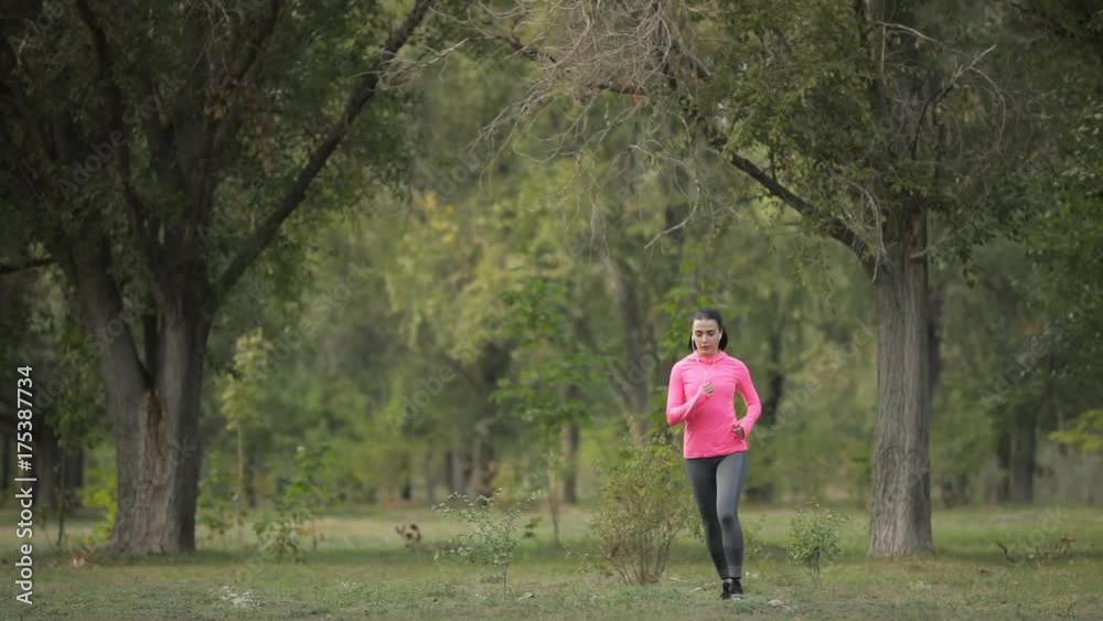 Pretty sportswoman in pink sportswear jogging at forest, healthy lifestyle concept. Slow motion. Pretty sportswoman in pink sportswear jogging at forest, healthy lifestyle concept. Slow motion.