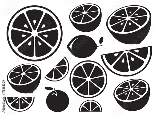 Collection of citrus slices - orange, lemon, lime and grapefruit, icons set, black isolated on white background, vector illustration.