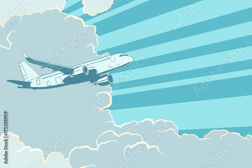 Retro airplane flying in the clouds. Air travel background