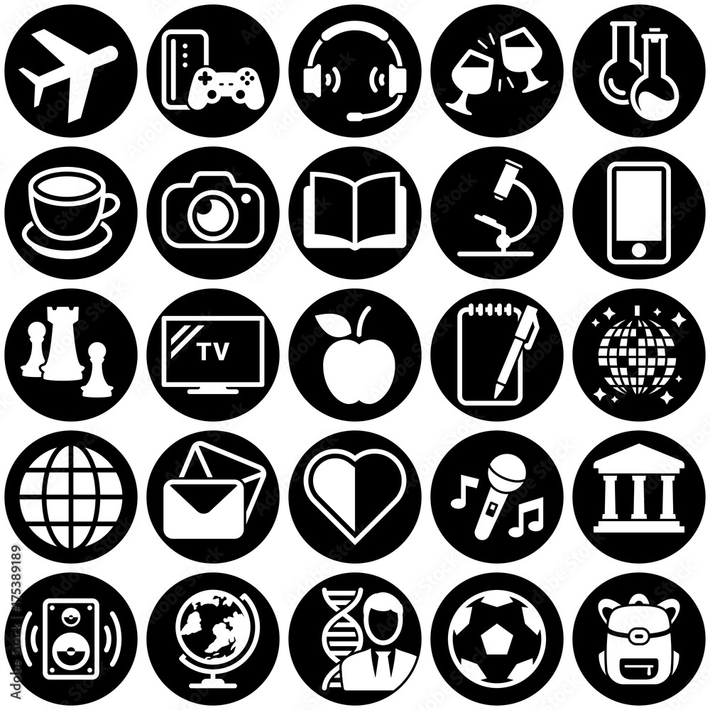 Set of simple icons on a theme Hobbies, entertainment, vector, design, collection, flat, sign, symbol,element, object, illustration. White background Set of simple icons on a theme Hobbies, entertainment, vector, design, collection, flat, sign, symbol,element, object, illustration. White background