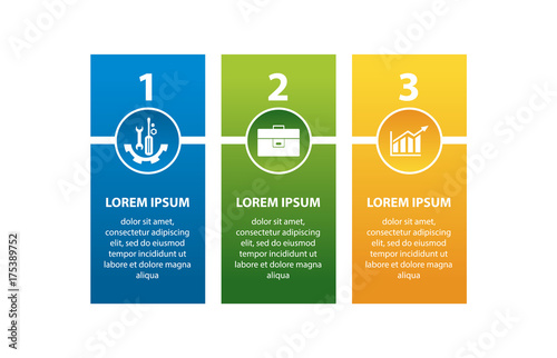 Vector illustration. An infographic template with 3 steps and an image of three rectangles. Use for business presentations, education, web design. Place for text and icons