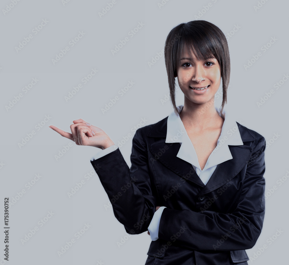 Business woman pointing at white background Business woman pointing at white background