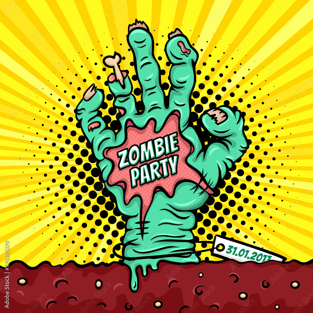 Cartoon halloween zombie hand gets out of the soil with an inscription  Zombie party. Vector illustration in retro comic style. Colorful pop art  background. Halloween monster party invitation poster. Stock Vector