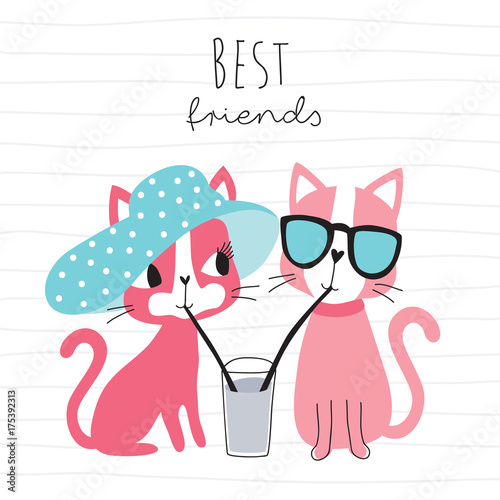 cute cats drinking a drink with straws vector illustration