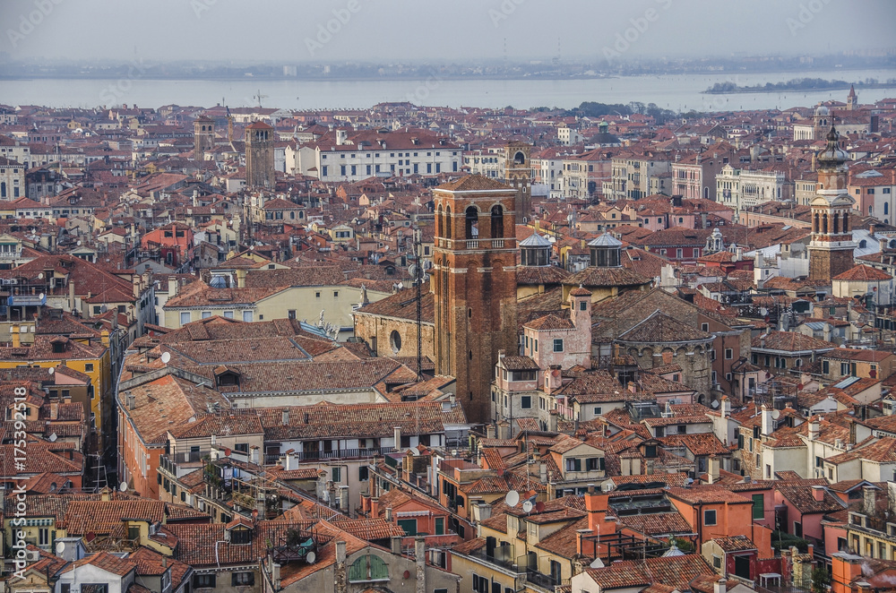 Panoramic aerial cityscape of Venice with Santa Maria della Salute church, Veneto, Italy