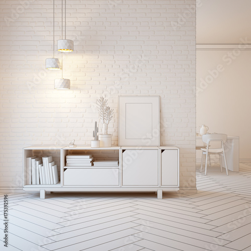 Fototapeta Naklejka Na Ścianę i Meble -  living room interior with wooden sideboard, 3d rendering