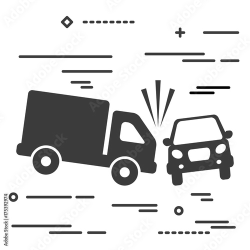 Flat Line design graphic image concept of truck and car crash vector illustration, two automobiles collision, auto accident scene isolated on white background