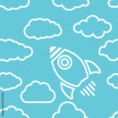 Tapety Biała rakieta ikona z chmurami na niebieskim tle powietrza - ilustracji wektorowych bez szwu tła