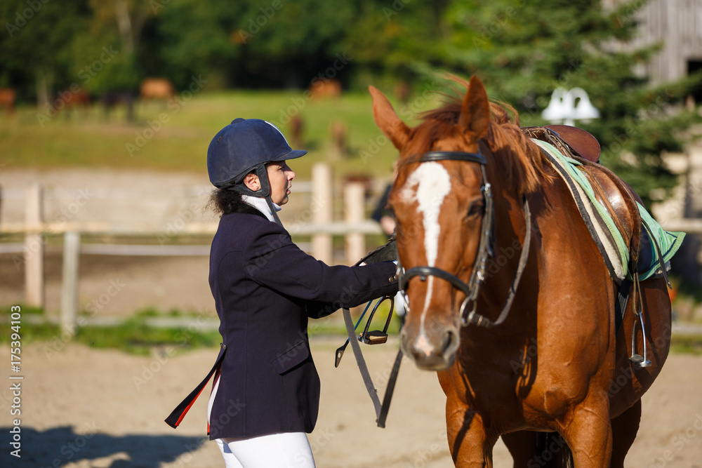 The rider is saddling his horse before the competition The rider is saddling his horse before the competition