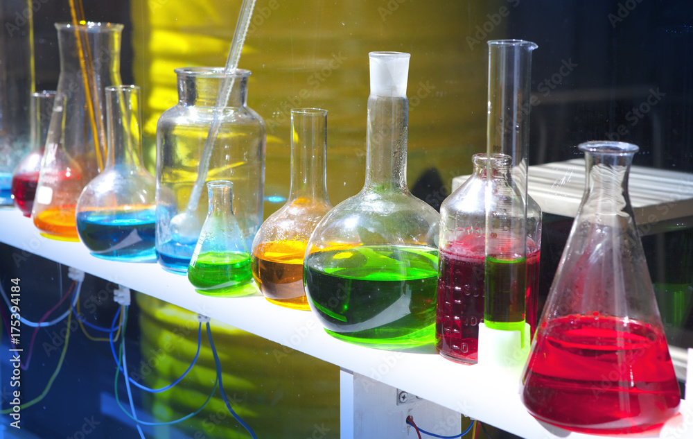 glassware with colorful liquids glassware with colorful liquids