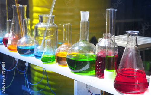 glassware with colorful liquids