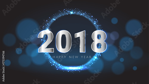 Happy New 2018 Year shiny glowing blue and silver greeting card. Vector illustration. Wallpaper background