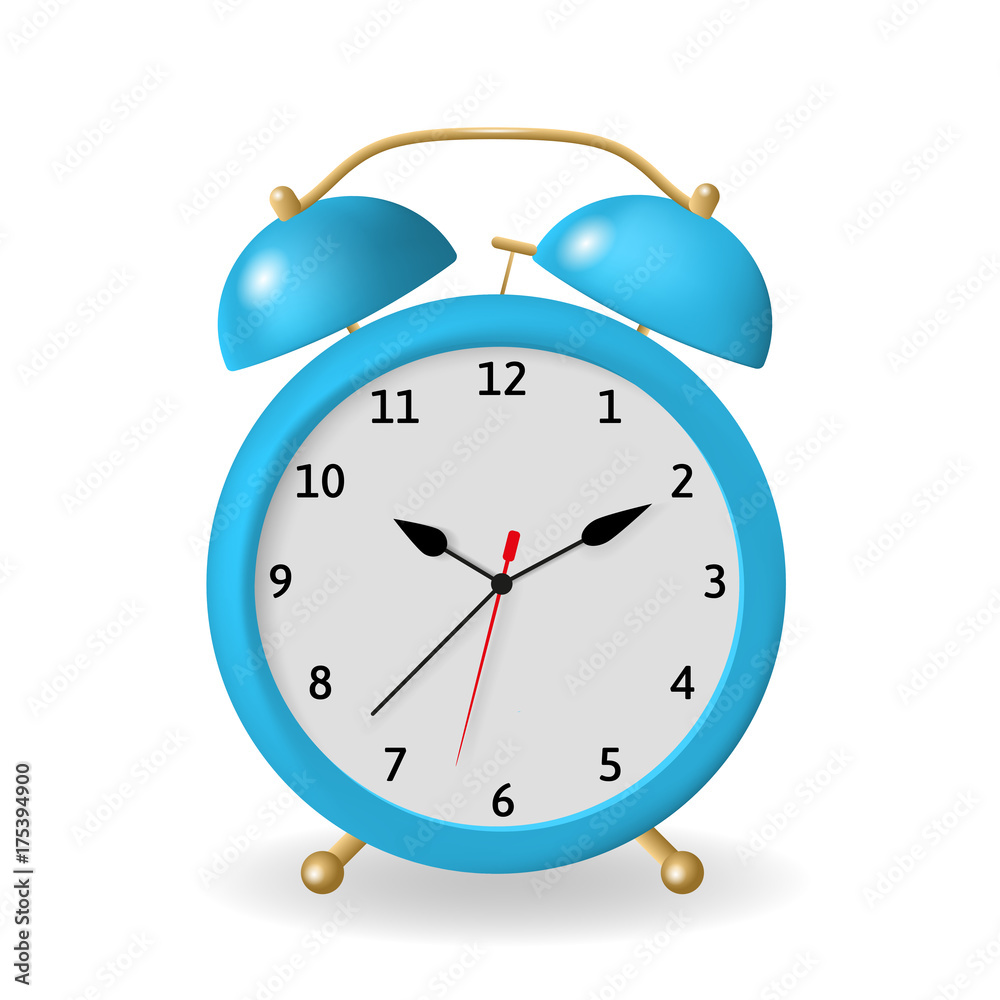 Vecteur Stock Alarm clock vector illustration. Blue object isolated on a  white background. A clock that can be set to ring a bell at a particular  time to wake a sleeping person.