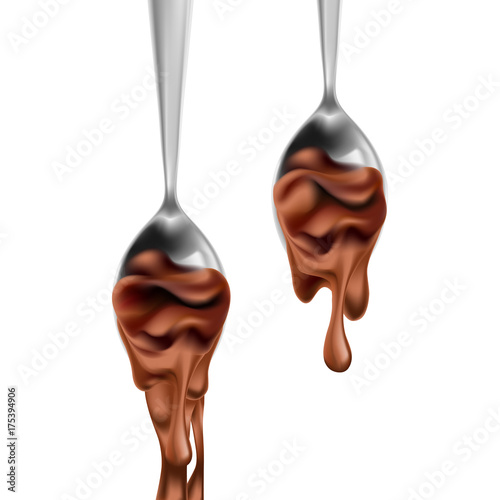 A flipped over (turned, reversed) silver spoon with dripping chocolate flow. Vector illustration