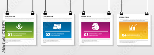Vector illustration. Infographic pattern on a suspended sheet of paper. 3d style with three steps. Used for business presentations, education, web design. Place for text and icons