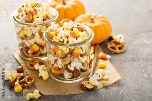 Homemade Halloween trail mix with popcorn, pretzels and nuts