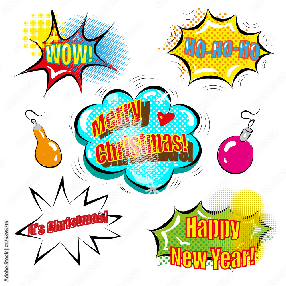 A set of cute speech bubbles with Christmas decoration pop art comic style A set of cute speech bubbles with Christmas decoration pop art comic style