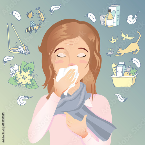 Woman has an allergy, runny nose and cough.Allergic to dust, pollen, animals, medicines, food and insects. / vector cartoon illustration