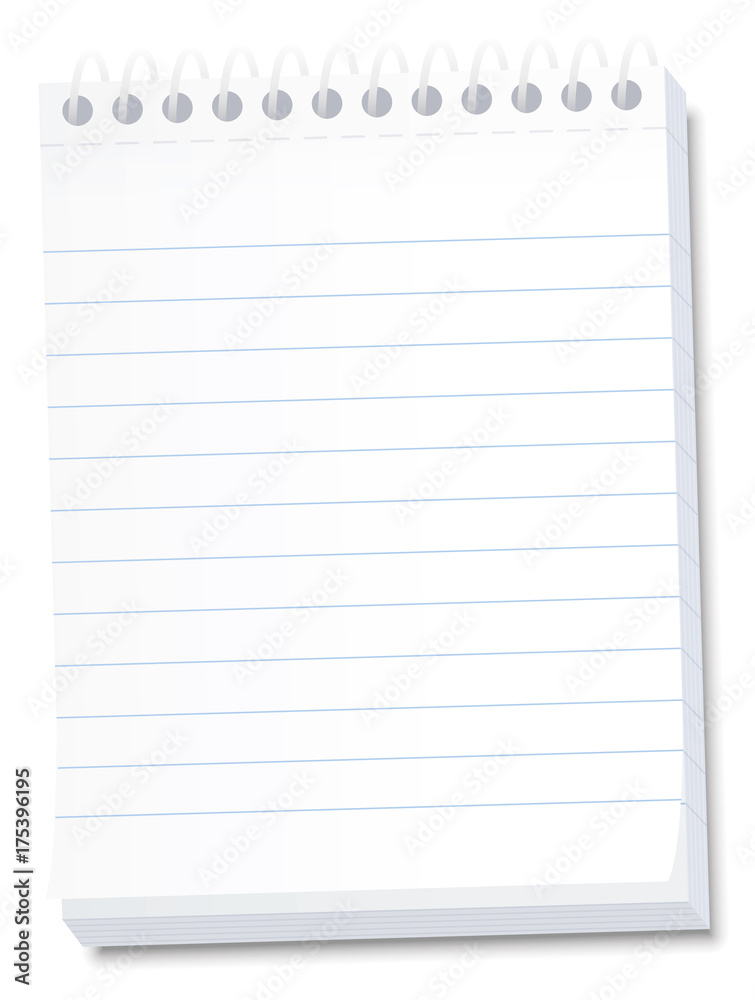 Notepad for memos, messages, notes, lists, dates, deadlines, reminders - lined blank high size tear off paper notebook with spiral binding - isolated vector illustration on white background. Notepad for memos, messages, notes, lists, dates, deadlines, reminders - lined blank high size tear off paper notebook with spiral binding - isolated vector illustration on white background.