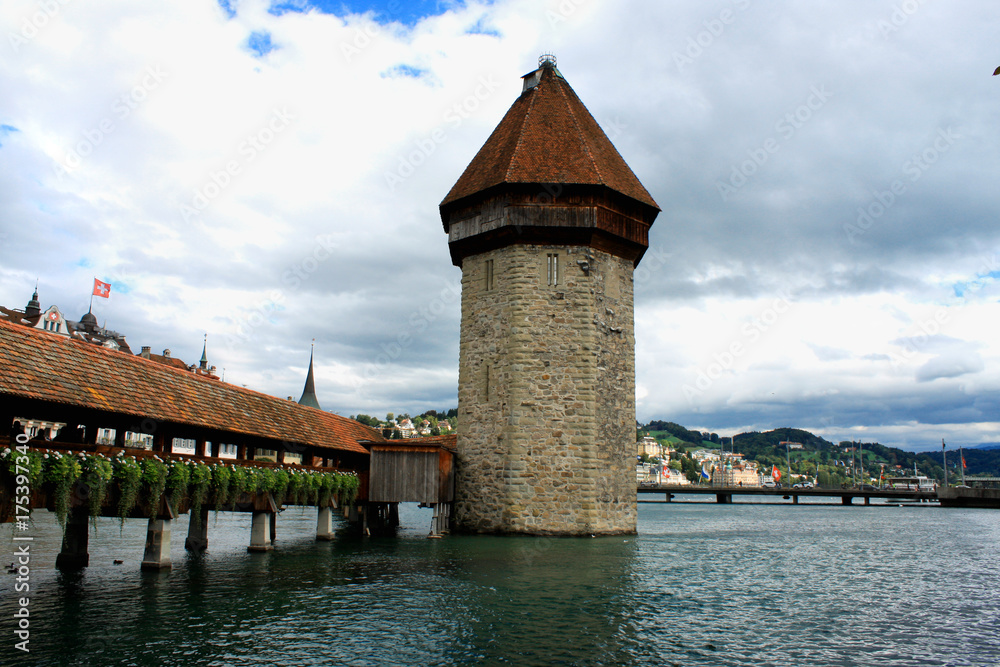 Famous Chapel bridge in Lucerne in a beautiful summer day, Switzerland