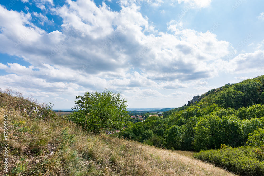 Meadow with rock and tree under the blue sky - landscape on small mountain Meadow with rock and tree under the blue sky - landscape on small mountain