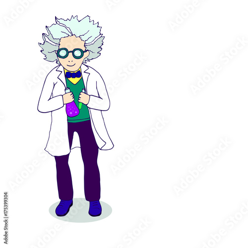Hand drawing cartoonish bright character, mad scientist conducting experiments, sketch style, funny chemist with gray hair, big round glasses, in white coat, isolated background.