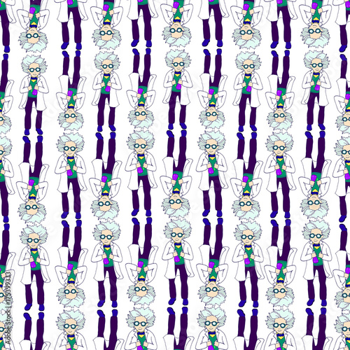 Hand drawing cartoonish bright character, mad scientist seamless