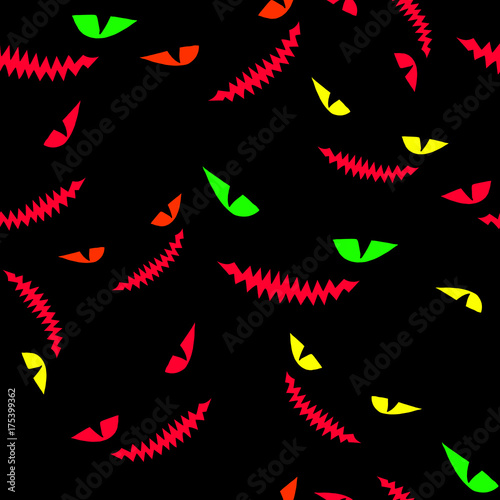 Predatory, toothy smiles of monsters watching from the dark, sparkling bright eyes, seamless pattern of Halloween.