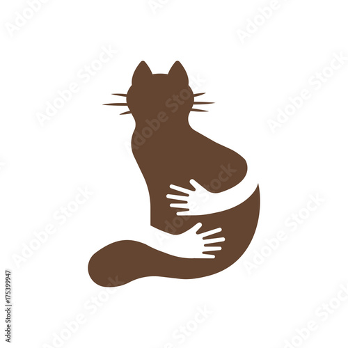 Silhouette icon of cat and hands hug. Human and animal friendship