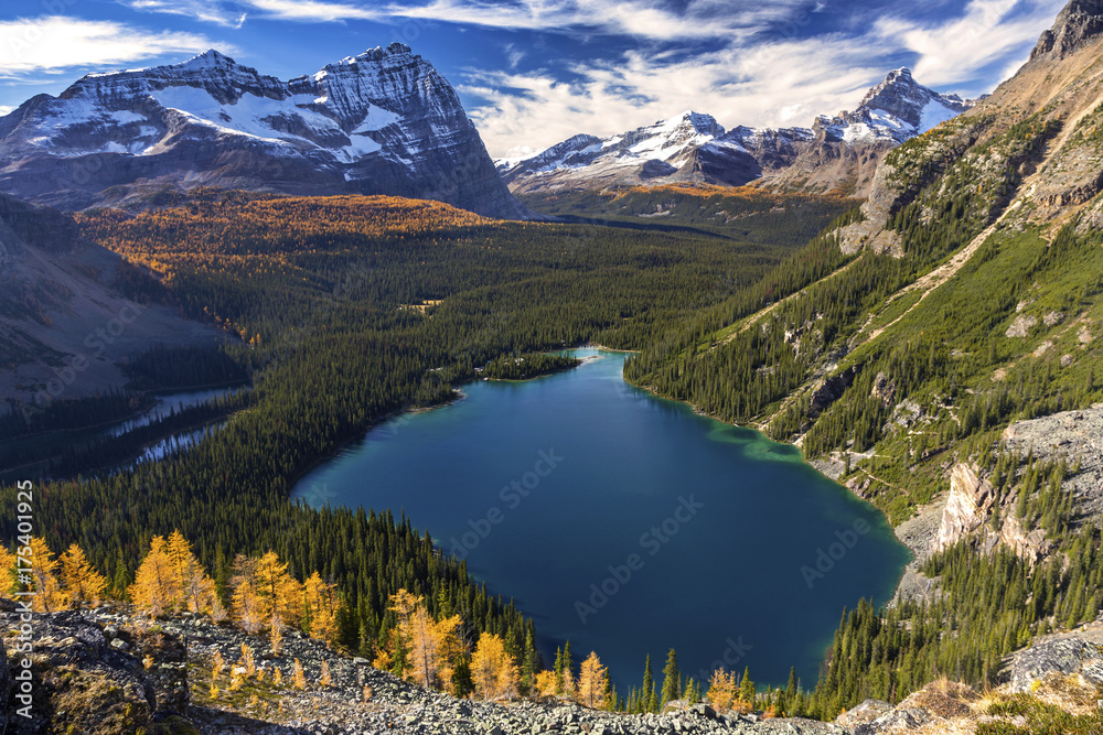 Distant Panoramic Landscape Scenic View of Snowy Mountain Tops and Lake OHara Alpine Basin from Great Hiking Trail on Yukness Ledges in Yoho National Park Rocky Mountains British Columbia Canada Distant Panoramic Landscape Scenic View of Snowy Mountain Tops and Lake OHara Alpine Basin from Great Hiking Trail on Yukness Ledges in Yoho National Park Rocky Mountains British Columbia Canada