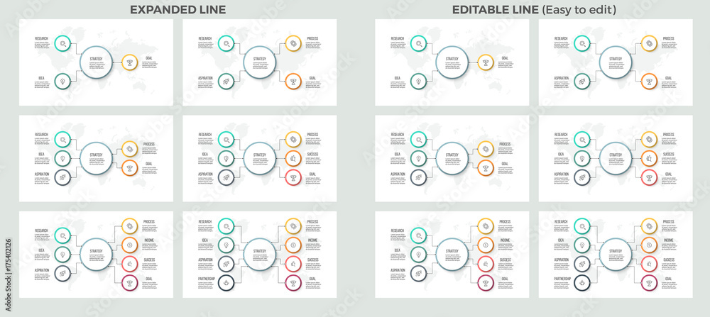 Business hierarchy infographic. Organization charts, schemes with 3, 4, 5, 6, 7, 8 options. Vector templates.