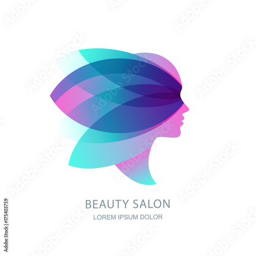 Female profile silhouette in abstract butterfly wings. Vector logo, emblem, label design. Womens face in pink flower leaves. Concept for beauty salon, makeup cosmetic, cosmetology procedures and spa.