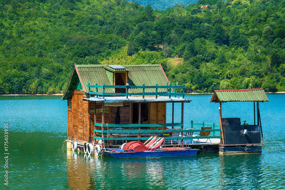 Naklejka premium Perucac, Serbia July 31, 2017: Houseboats of Perucac lake, Tara National Park (Serbia) 