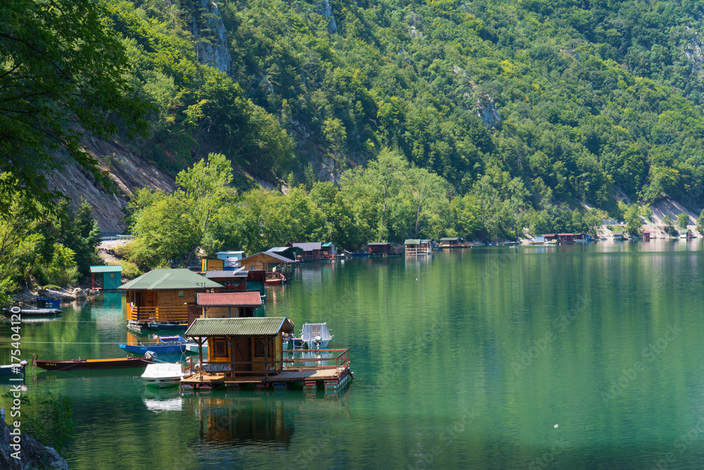 Fototapeta premium Perucac, Serbia July 31, 2017: Houseboats of Perucac lake, Tara National Park (Serbia) 