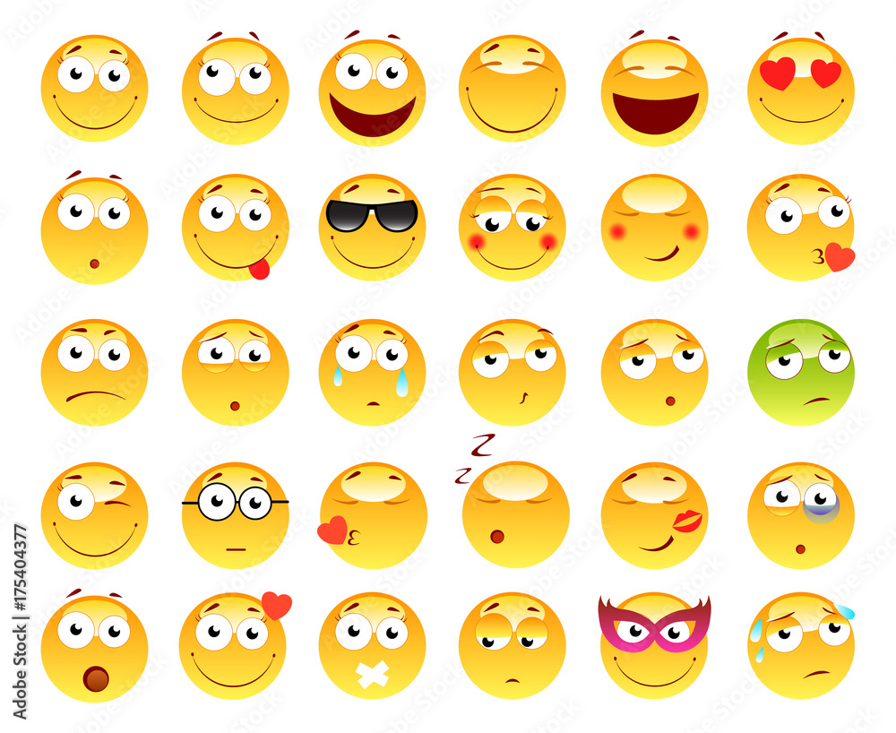 Fototapeta premium Set of 3d cute Emoticons. Emoji and Smile icons. Isolated on white background. vector illustration.