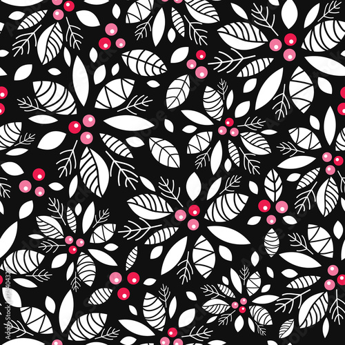 Vector holly berry black, white, red holiday seamless pattern background. Gre...