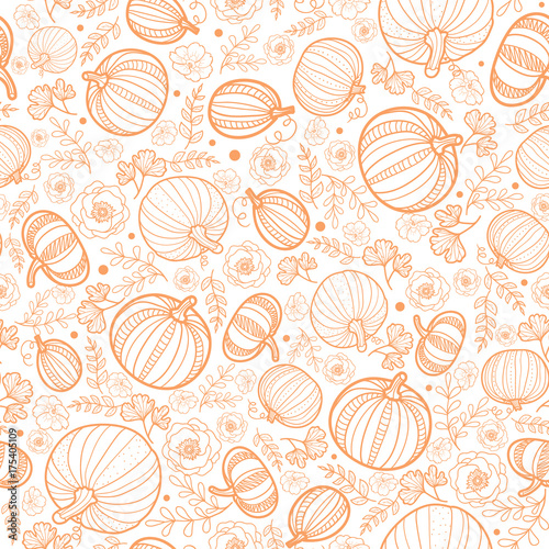 Vector orange falling pumpkins seamless repeat pattern background. Great for fall themed designs, invitation, fabric, packaging projects.