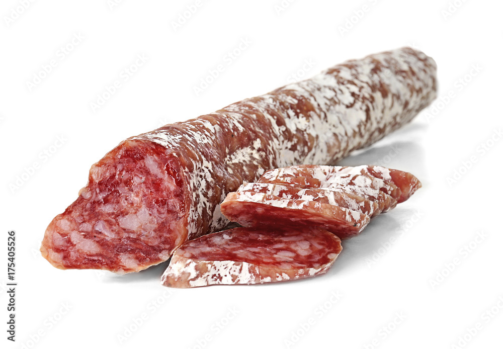 Delicious sliced sausage on white background Delicious sliced sausage on white background