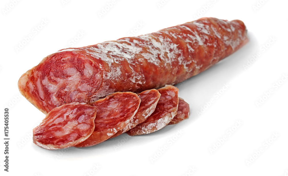 Delicious sliced sausage on white background Delicious sliced sausage on white background