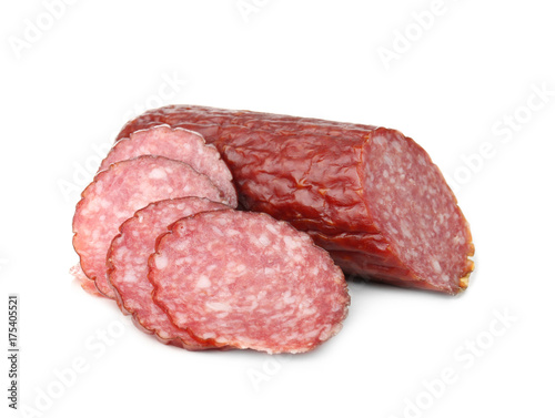 Delicious sliced sausage on white background