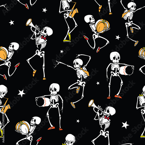 Vector dark black dancing and plating music skeletons band Haloween repeat pattern background. Great for spooky fun party themed fabric, gifts, giftwrap.