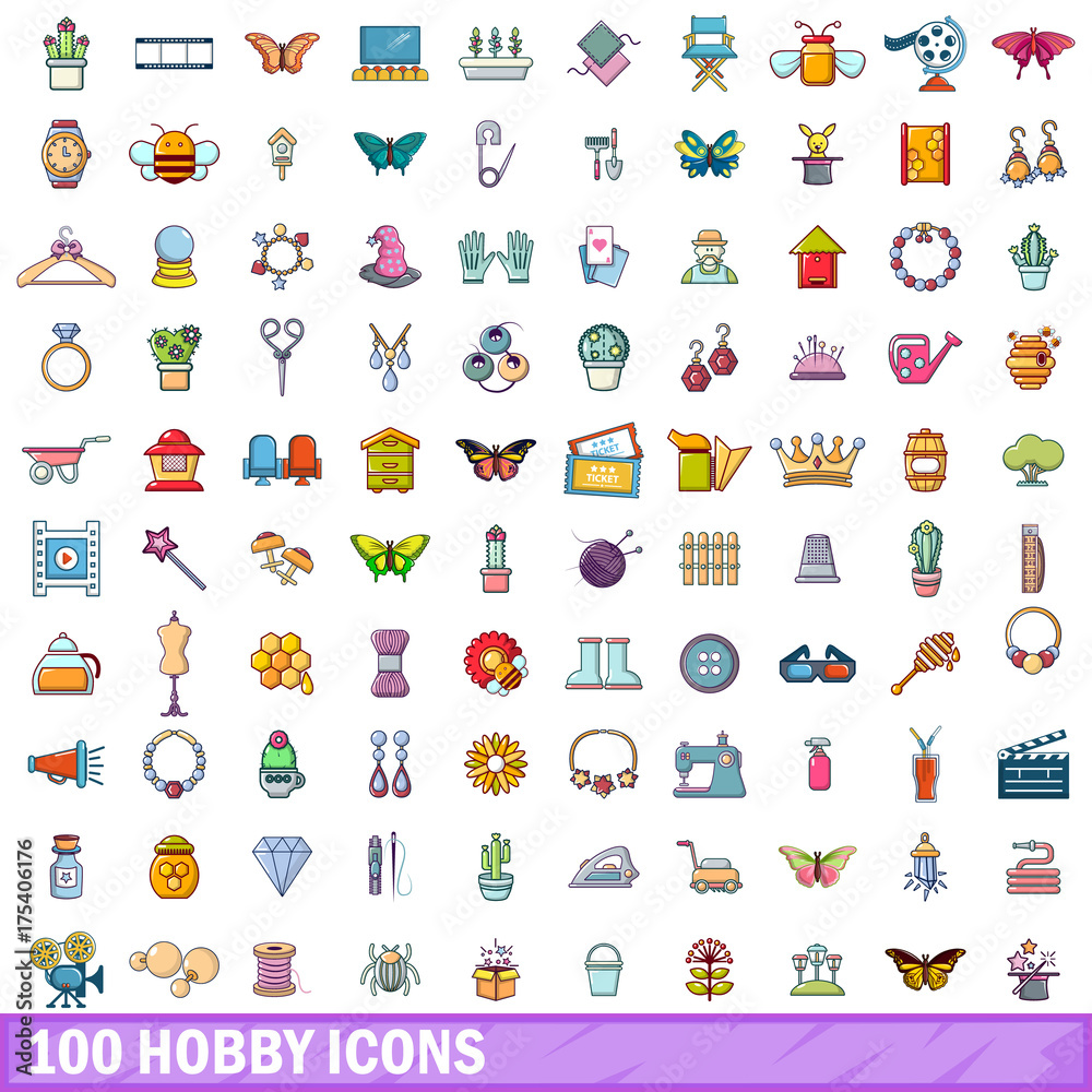 100 hobby icons set, cartoon style 