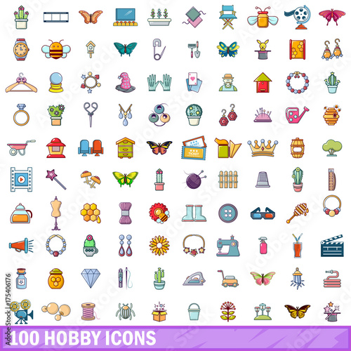 100 hobby icons set  cartoon style 