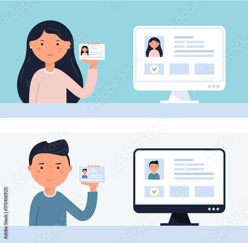People Holding up ID Cards. Account Verification Vector Illustration