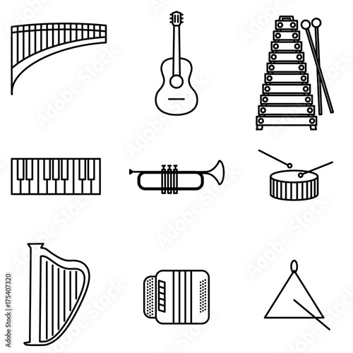 Vector Illustration of Thin Line Icons for Musical Instruments. Editable Line. Collection 26. Linear Symbols Set: Flute, Guitar, Metalophone, Piano Keyboard, Trumpet, Drum, Harp, Bayan, Triangle.