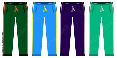 Types of Sweatpants set. simple icons of sprt pants . Green, red, blue, purple isolated on white background. Flat design Vector Illustration