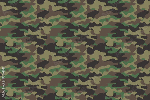 Camouflage seamless pattern background. Horizontal seamless banner. Classic clothing style masking camo repeat print. Green brown black olive colors forest texture. Design element. Vector illustration